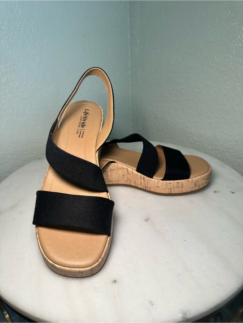 Life Stride Black Elastic Cork-Wedge Slingback Sandals
